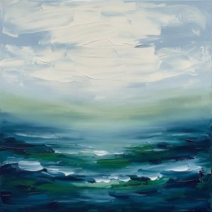 Ephemeral Dialogue Between Azure Sky And Emerald Depths At Dawn's Edge — Christian Noiret, Contemporary Abstract Painting