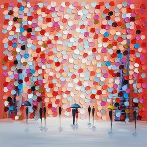 Ephemeral Rainfall Of Coral Petals Over Silent Architectural Shadows In Indigo — Christian Noiret, Contemporary Abstract Painting