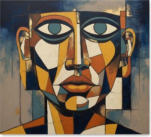 Fragmented Soul In Ochre And Navy: A Monumental Geometric Portrait Study — Christian Noiret, Contemporary Abstract