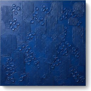 Monolithic Ultramarine: A Sculptural Study Of Rhythmic Grooves And Celestial Orbs — Laurent Vionnet, Minimalist Art