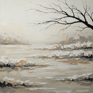Silent Solitude Of The Frozen Estuary In Sculptural Charcoal And Cream Impasto — David Moreau, Contemporary Abstract