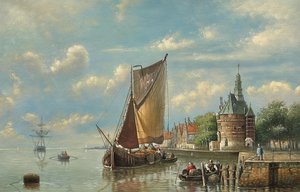 Moored Sailing Vessels Near The Hoofdtoren Of Hoorn