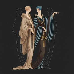 Cerulean Silhouettes And Gilded Folds In Charcoal Void — Valentin Laurent De Courcey, Art Deco