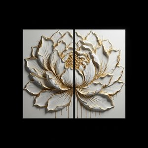 Gilded Petals In Relief: A Monumental Sculptural Study Of Serene Gold And Cream — David Moreau