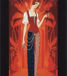 Vermilion Silhouette Amidst Ornate Crimson Foliage And Indigo Patterns — Valentin Laurent De Courcey