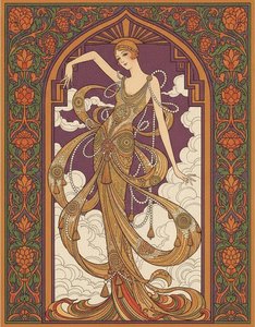 Gilded Figure Amidst Plum Florals And Ornate Arching Ribbons — Valentin Laurent De Courcey, Art Deco