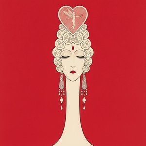 Crimson Backdrop With Ornate Cream Headdress And Winged Heart Emblem — Valentin Laurent De Courcey