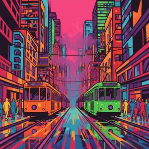 Chromatic Convergence: A Monumental Symphony Of Urban Motion And Vibrant Geometric Light — Caroline Pelletier, Aggressive Confrontational Pop