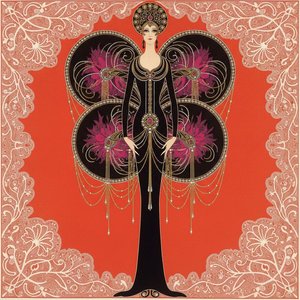 Gilded Silhouette Amidst Vermilion Lace And Ornate Gold Discs — Valentin Laurent De Courcey