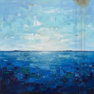 Celestial Echoes Over The Deep Indigo Sea In A Singular Masterpiece — Christian Noiret, Contemporary Abstract