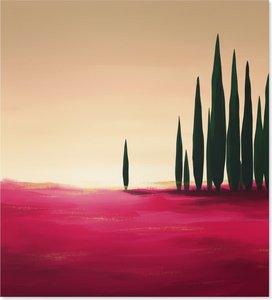 Ethereal Twilight Over Magenta Fields With Silent Spires Of Verdant Grace — Laurent Fabre, Neo-abstract Art