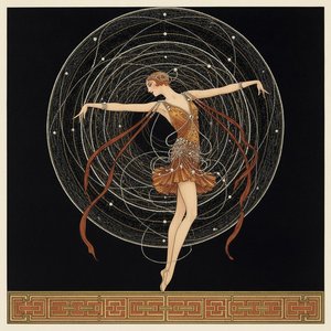 Crimson Ribbons Orbiting A Gilded Art Deco Figure — Valentin Laurent De Courcey