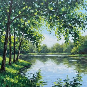 Verdant Embrace: Reflections of Light Across the Tranquil Water's Edge.