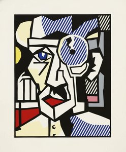 Fragmented Identity In Cobalt And Crimson: A Monumental Geometric Portrait Study — Jean-paul Blanchet