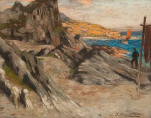 Rocky Coast With Two Figures And A Yacht — Thomas Corsan Morton
