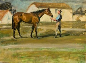 A Groom Holding A Bay Horse, Near Stables — Sir Alfred James Munnings, Impressionism