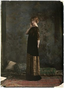 Model wearing a printed silk velvet\ndress