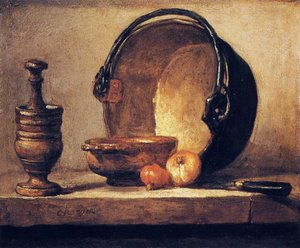 Still Life With Pestle, Bowl, Copper Cauldron, Onions And A Knife — Jean-baptiste-siméon Chardin