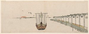 Treasure Boat Laden With Rice Bales And Warehouses With The Names Of The Lucky Things To Dream About At New Year — Katsushika Hokusai