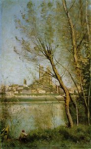 Mantes, View Of The Cathedral And Town Through The Trees — Jean-baptiste-camille Corot, Impressionism