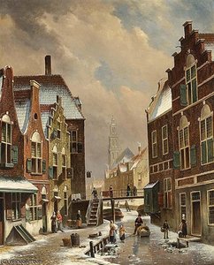 A Dutch Town In Winter With Figures On A Frozen Canal — Oene Romkes De Jongh