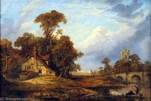 East Anglian River Landscape With Figures In A Punt By A Bridge — Paul Jones