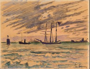 Harbor With Sailboat, Tugboat, And Barge , Circa 1920 — Paul Signac
