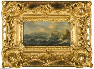 Stormy Marine Landscape With A Ship And Lighthouse River Landscape With A Sailing Boat And Ruins — Orazio Grevenbroeck