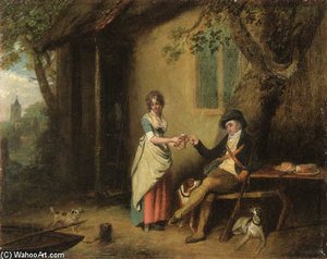 A Sportsman Outside A Country Inn; And An Amorous Couple Outside A Cottage