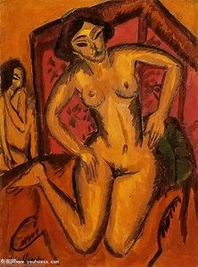 Female Nude Kneeling Before A Red Screen — Ernst Ludwig Kirchner, Expressionist Painting