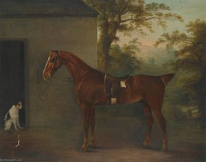 Portrait Of Mr. Yarburgh's Chestnut Hunter Little John With A Terrier Beside A Stable — Thomas Weaver