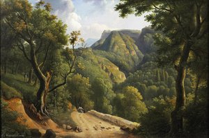 A Neoclassical Landscape With A Young Woman Running On A Path ; Oil On Canvas — Alexandre-hyacinthe Dunouy