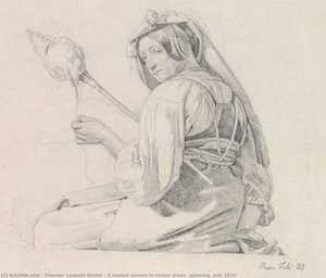 A Seated Woman In Roman Dress, Spinning (july 1833) — Theodor Leopold Weller