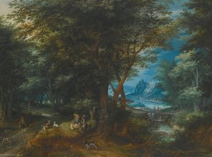 Summer Landscape With A Lady And Gentleman Seated And Sportsmen Returning With Game — Denijs Van Alsloot