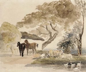 Horses And Sheep By A Farm Pond — Peter De Wint