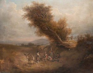 Family of Travellers Resting by a Donkey