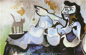Lying Female Nude Playing With Cat — Pablo Picasso