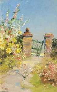 Garden Gate With Hollyhocks — John Miller Nicholson
