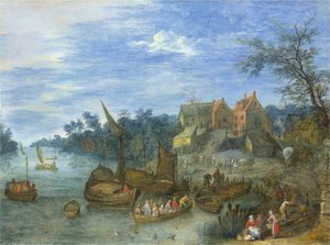 A river landscape with boats by a village