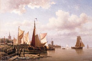 A River Estuary With Moored Fishing Pinks And Townsfolk On The Quay — Everhardus Koster