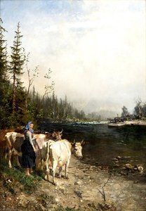 Milkmaid With Cows By Riverbank — Anders Monsen Askevold