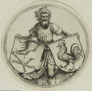 Shield With A Griffin's Foot And Shield With A Cock Held By A Moor — Martin Schongauer