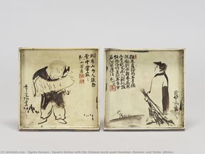 Square dishes with the Chinese monk poet Hanshan (Kanzan) and Shide (Jittoku)