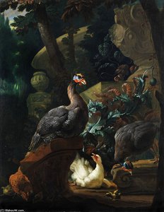 Perlhuhnpaar Mit Kuken Neben Distelblättern Vor Dunkler Waldlandschaft Mit Steinen Und Marmorvase — Abraham Bisschop