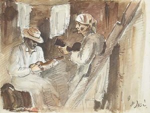 Two Men Playing The Guitar In An Interior In San José — Camille Pissarro