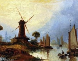 River Landscape With Figure, Boats And Windmill — Paul Jones