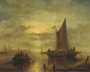 Moored Sailingvessels In Moonlight — George Willem Opdenhoff