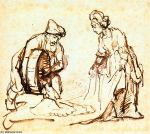 Boaz Casting Barley Into Ruth's Veil — Rembrandt Van Rijn, Dutch Baroque