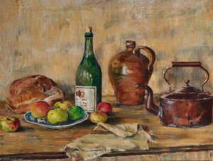 Still Life Of Vessels, Bread And Apples, On A Table — Alan Francis Clutton Brock