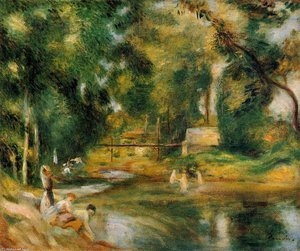 Essoyes Landscape Washerwoman And Bathers — Pierre-auguste Renoir